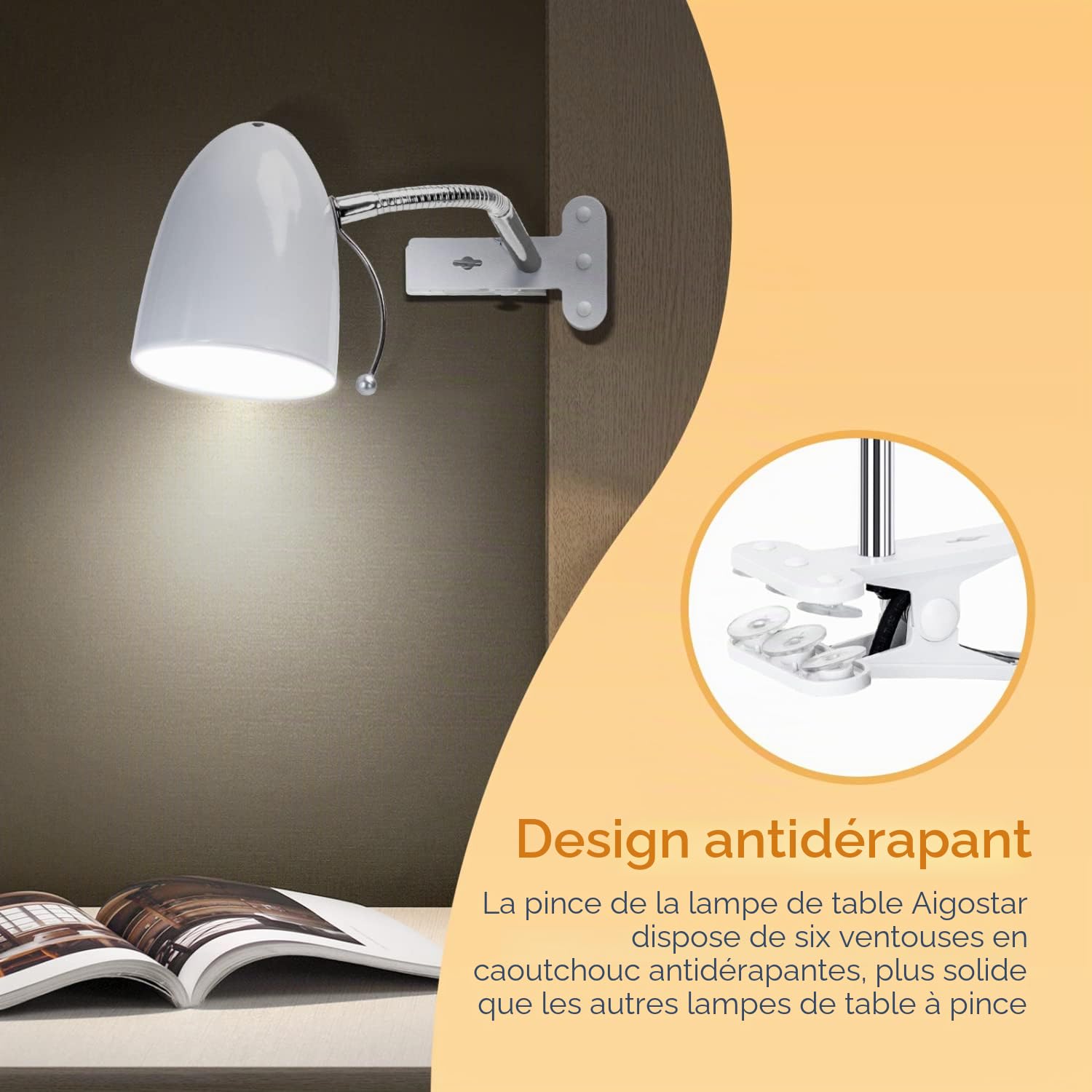 Aigostar Lampe de Bureau à Pince E27, Lampe de Lecture Clipsable Rétro, Ampoule Non Incluse, Lampe de Chevet avec Câble de 1.5 m (Max 40 W), Blanc