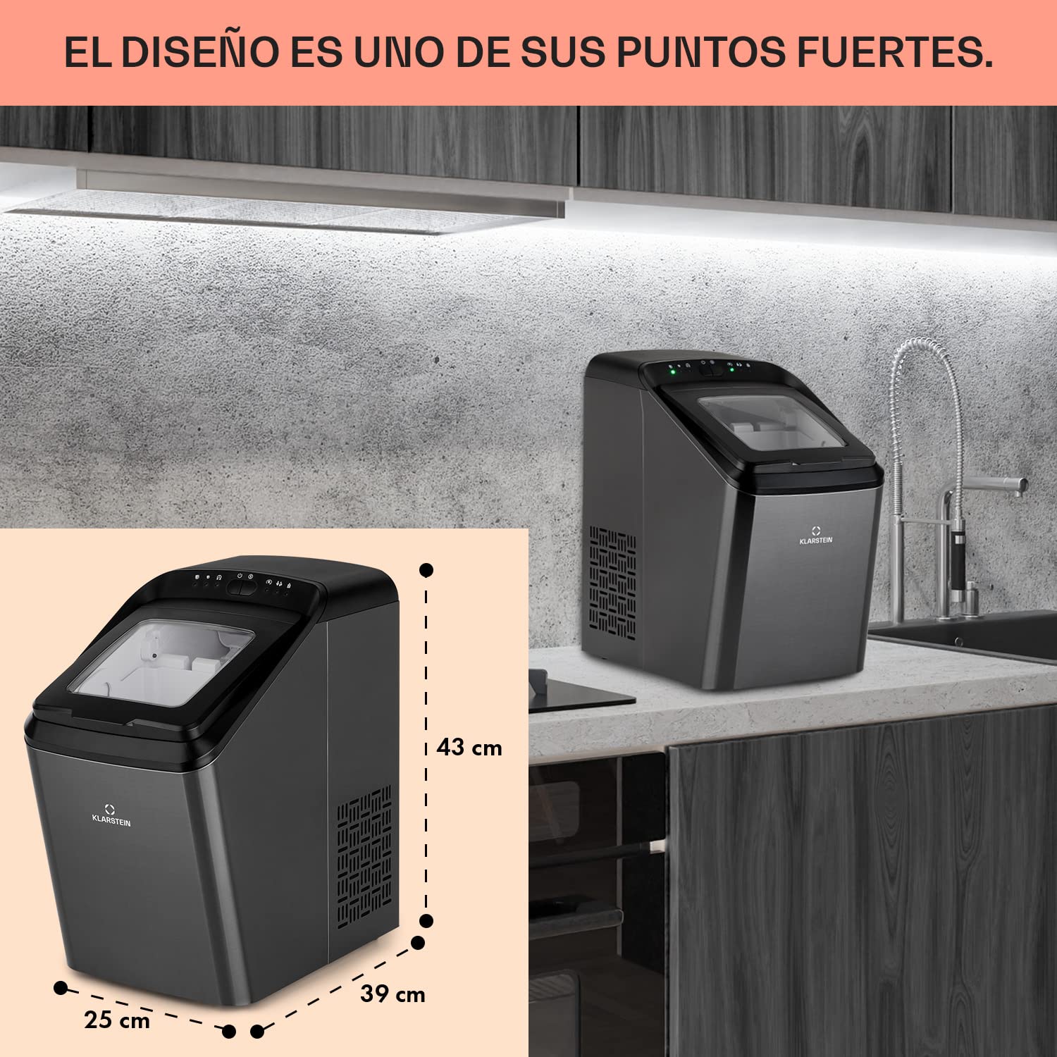 Klarstein Partytime - Máquina de cubitos de hielos, Potencia 145 W, Tanque de agua 2,9 L, Volumen producción 15 kg/24h, 9 cubitos por ciclo, 2 tamaños, Función autolimpieza, Acero, Negro