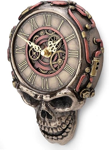 Miniatura 2 de Veronese Design Reloj de pared colgante de calibre mecánico de calavera plana Steampunk de 8,1 pulgadas, escultura de pared con acabado de bronce
