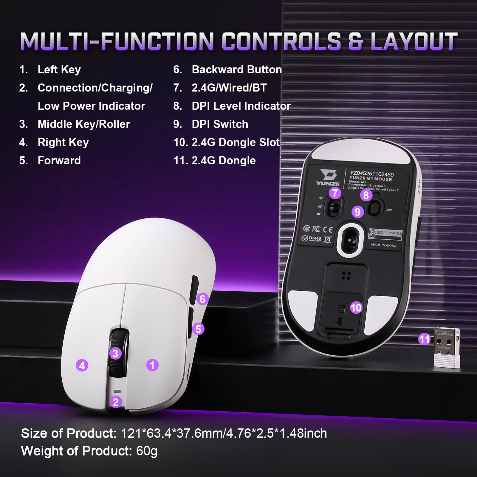 YUNZII M1 Mouse Gaming Wireless Ricaricabile, Leggero Triplo Modo Bluetooth 5.0/2.4G/USB-C per PC, 10000 DPI Regolabile, 5 Pulsanti Programmabili, Software per Windows e Mac (Bianco)