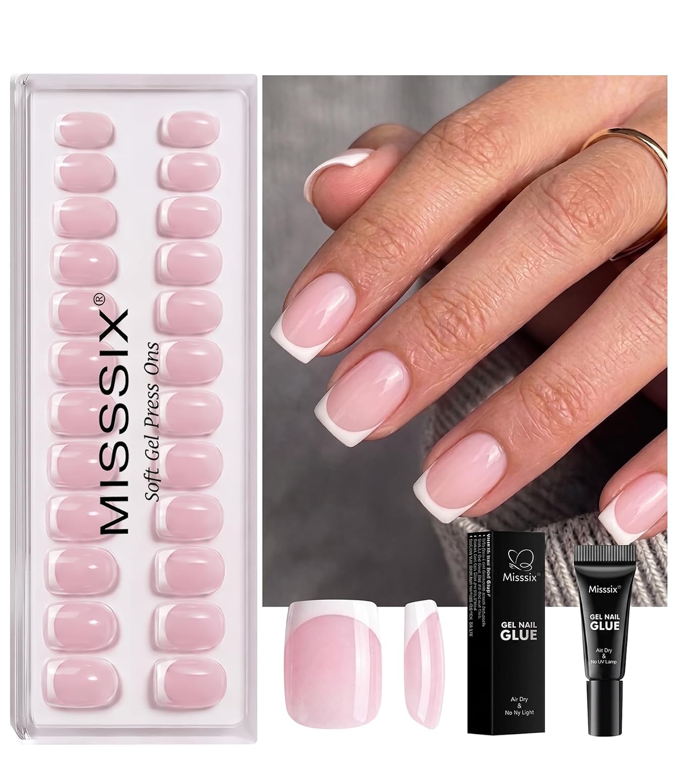 Misssix French Tip Press On Nails Short Oval Nude Fake Nails with Glue