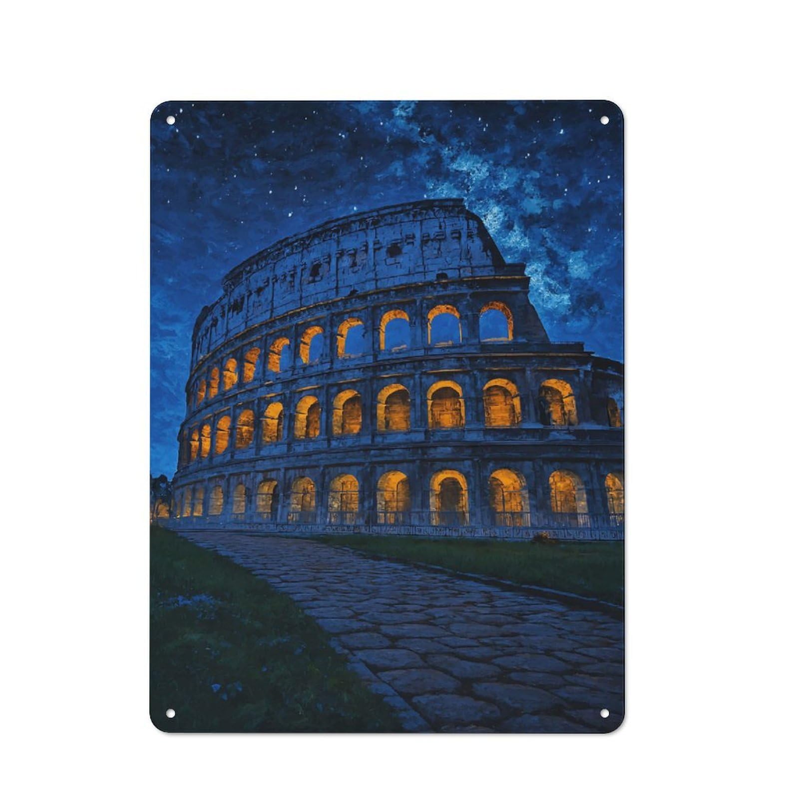 Junmoney Style-8 For Hobby Room Or Studio, Colosseum At Night Under Starry Sky Rustic Tin Wall Plaque 40X30cm, For Vintage Wall Decor Fans, For Metal Sign Collectors