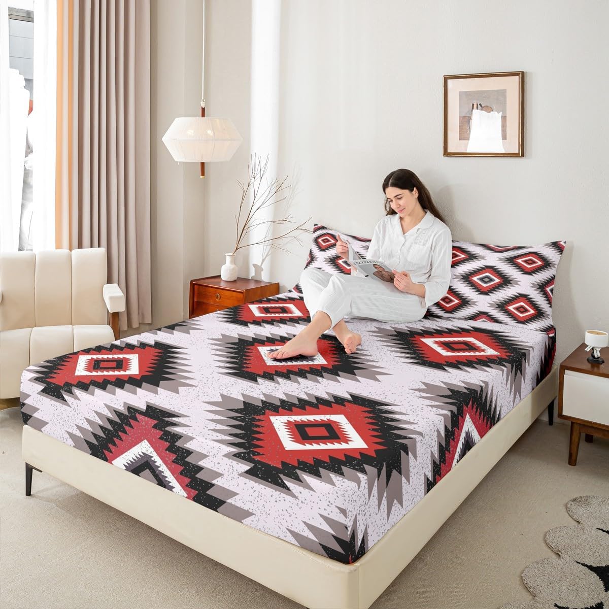 Kids Southwest Native American Design Fitted Sheet Queen Size Red Grey Geometric Bed Sheet Set for Boys Girls Teens Bedroom Decor Tribal Bedding Set Set Women Men Bed Cover with 2 Pillow Case