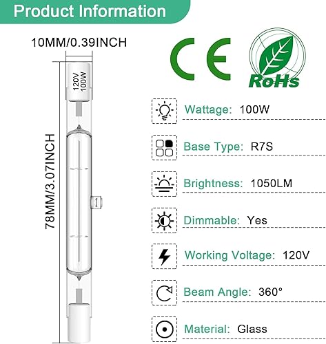 Miniatura 3 de R7S - Paquete de 5 bombillas halógenas R7S 3.071 in T3 100W 120V, 1050lm tipo J con larga vida útil, bombilla de doble extremo de 3 pulgadas de