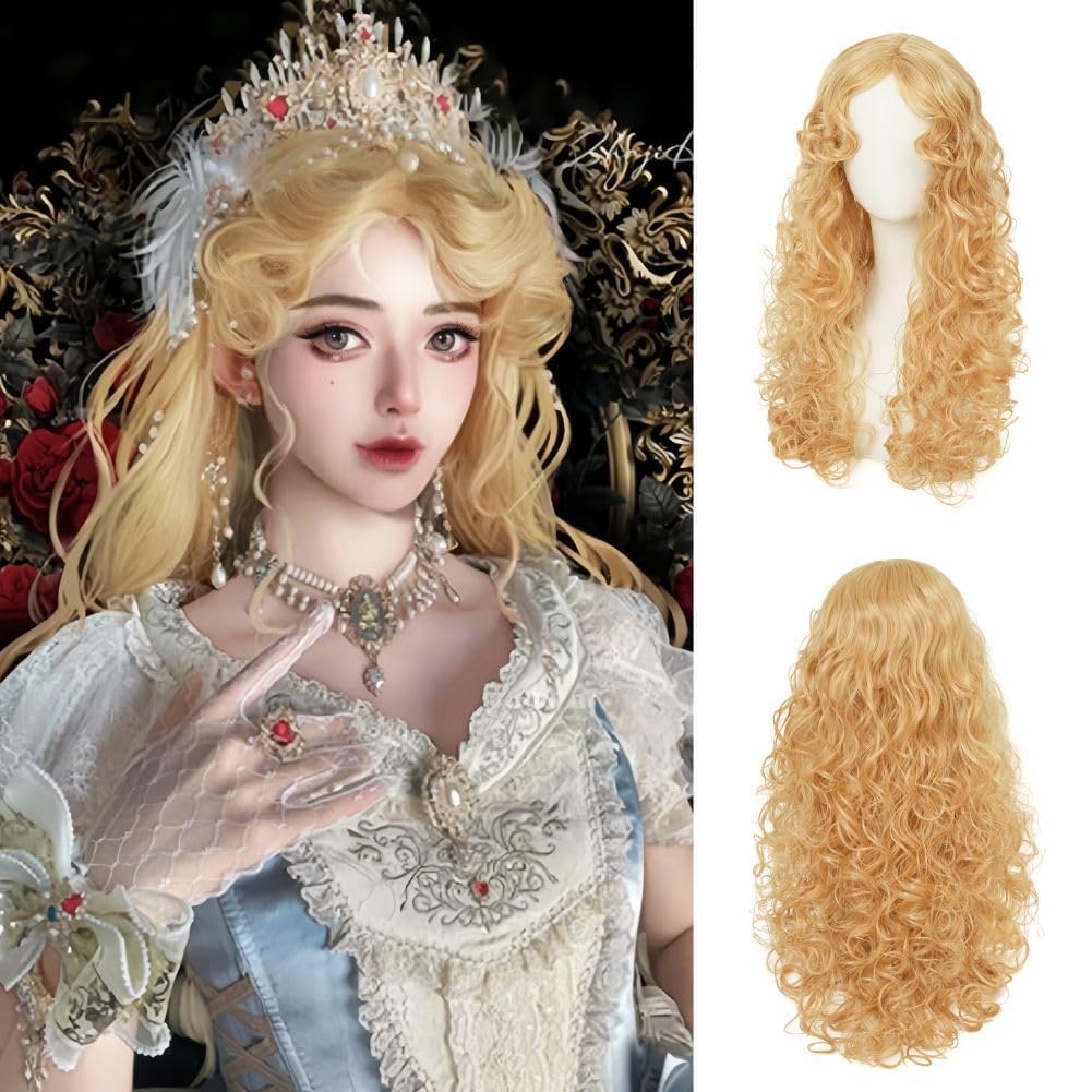 Blonde Long Curly Wig with Fringe for Women Princess Anime Wavy Wigs Synthetic Cosplay Halloween Costume Hair Wig