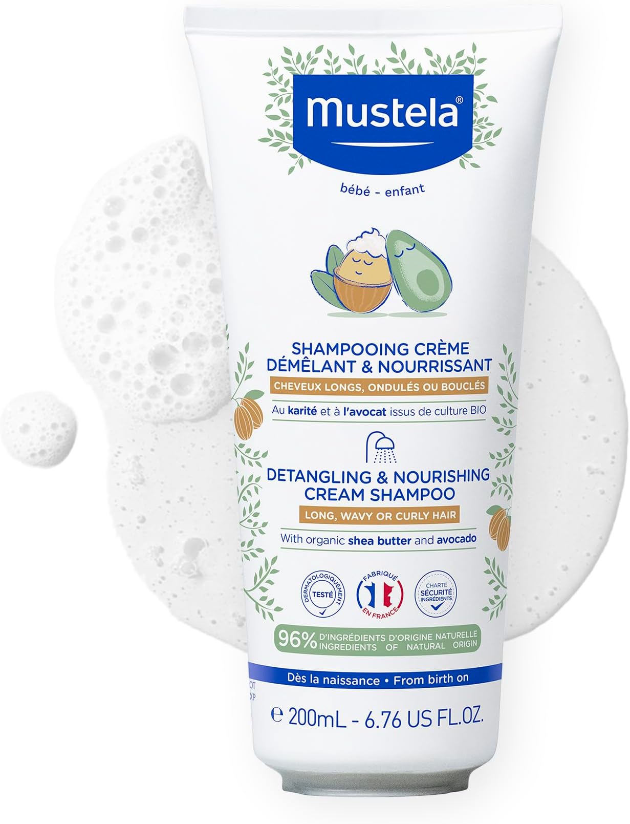Mustela Detangling & Nourishing Cream Shampoo - Natural Shea Butter & Avocado - Curly & Frizzy Hair - Dermatologist-tested & safe for Babies and Kids - 6.76 US Fl. Oz.