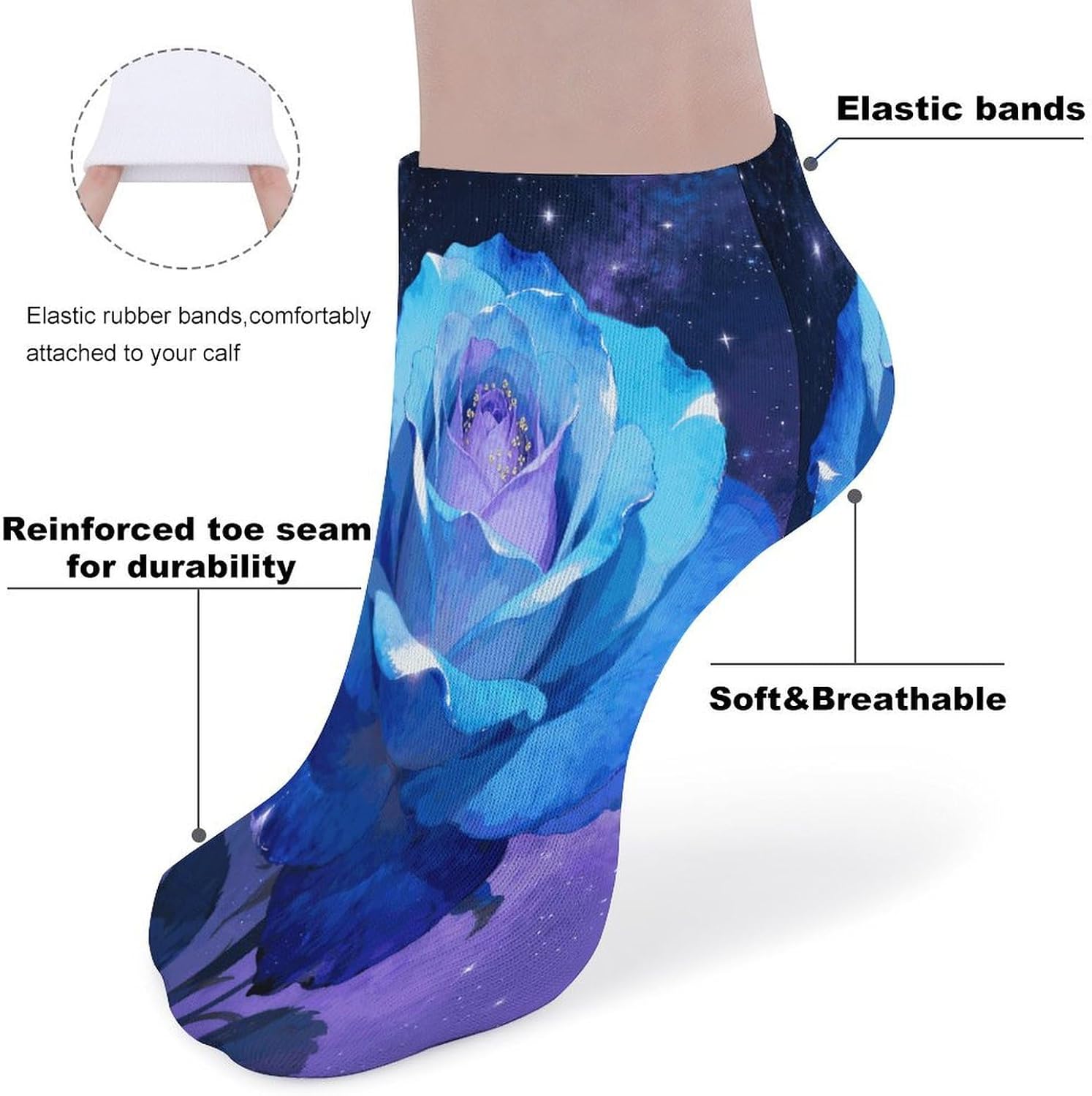 Rose Blue Crew Sock for Men Women Funny Novelty Socks Athletic Ankle Socks Comfort Soft Low Cut Tab Sock 5 Pairs