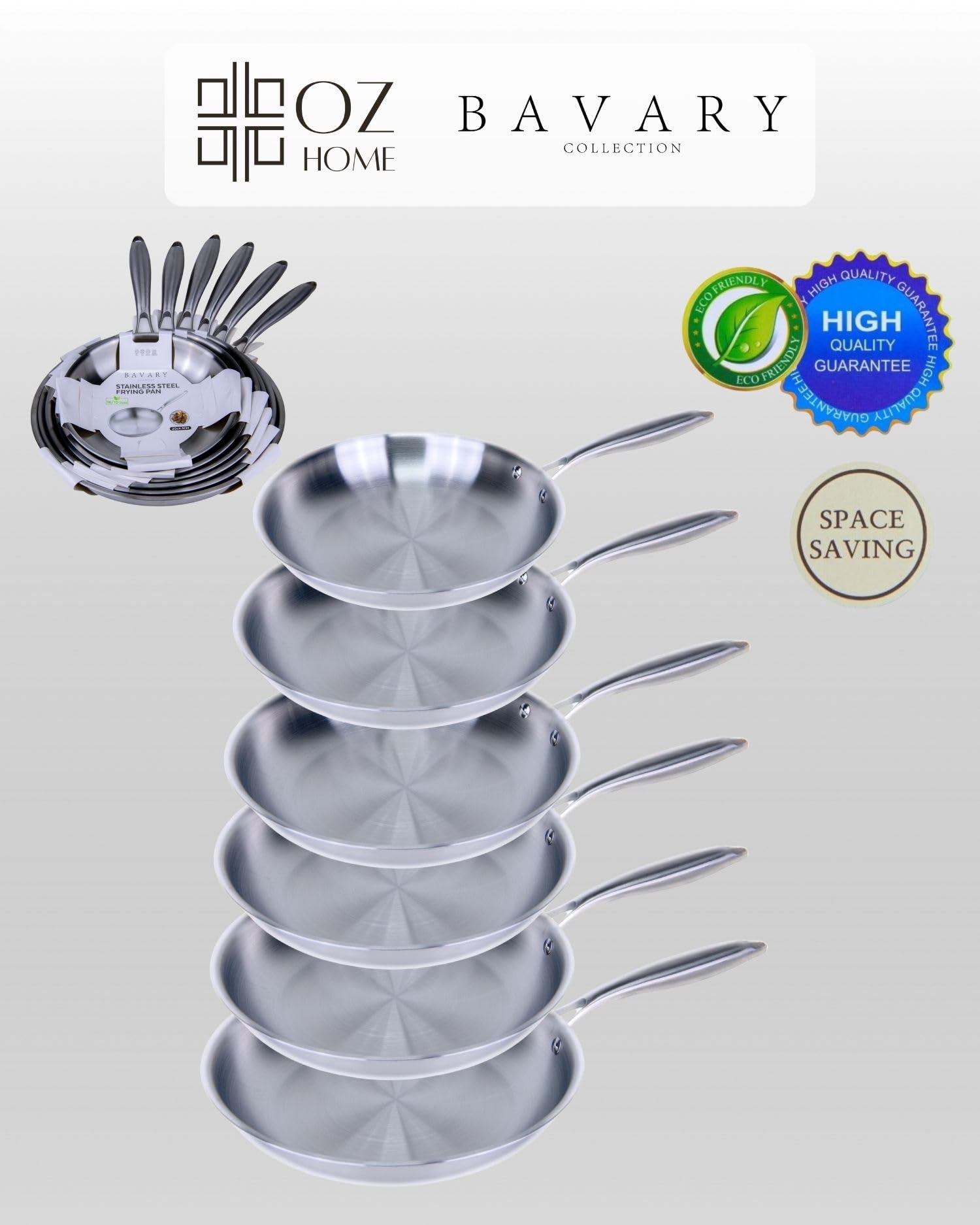 BAVARY Juego De Sartenes Acero Inoxidable 18/10 (20-30cm)- Sartenes Induccion Sin Revestimiento - Sartén Profesional Para Gas Y Todo Feux- Ideal Para Combinar Con Tu Juego De Ollas, Lave-vaisselle Ok