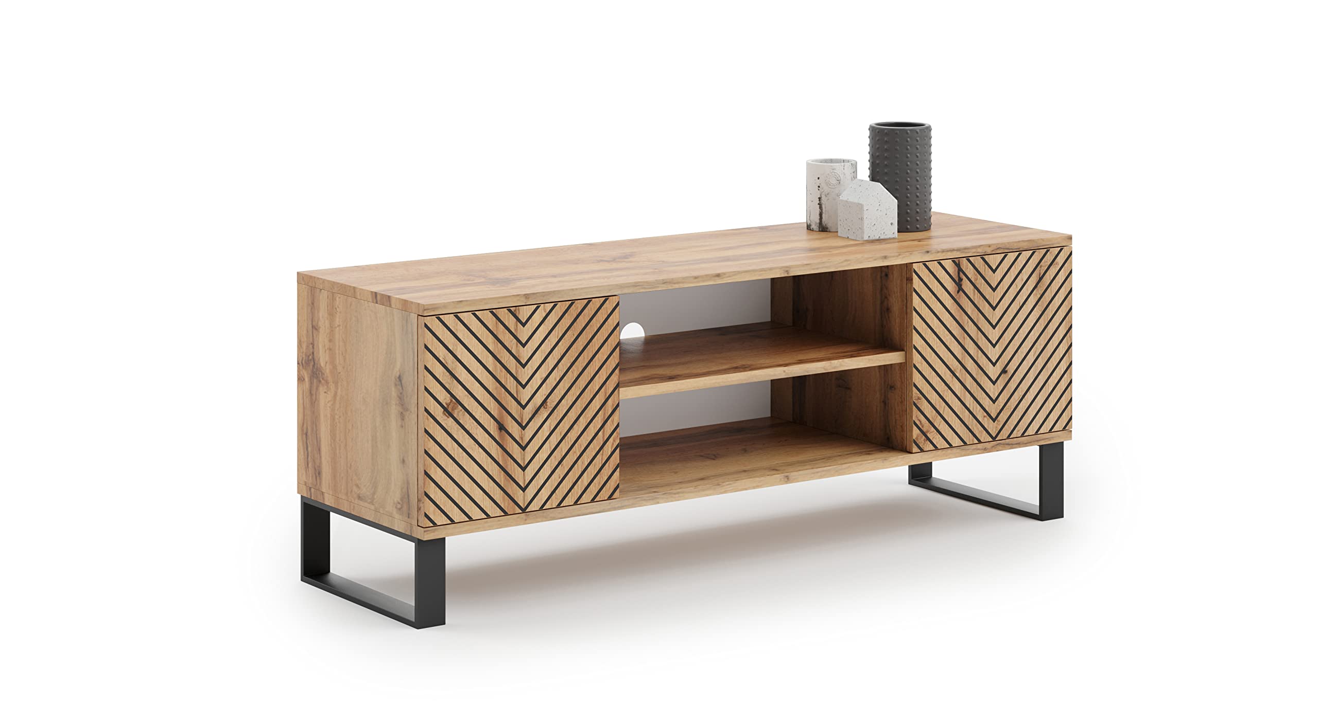 Kobi Meuble TV Focus chêne doré, 135x49x40, décor Chevron Noir, Meuble TV, loft, Pieds métal Noir