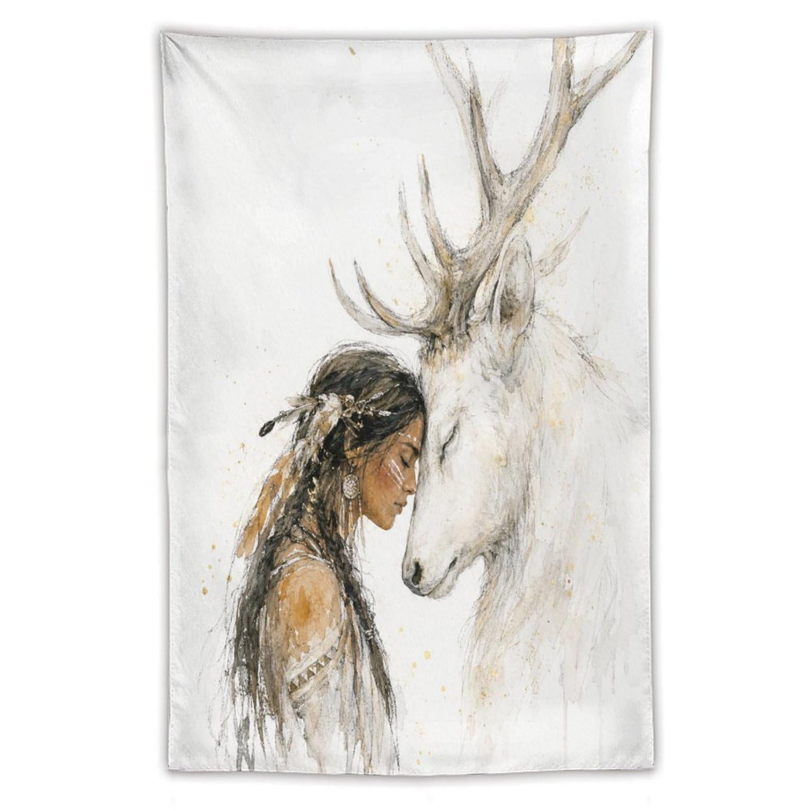 W7C8U2X3 Native Woman with White Deer Wall Tapestry, Soft Watercolor