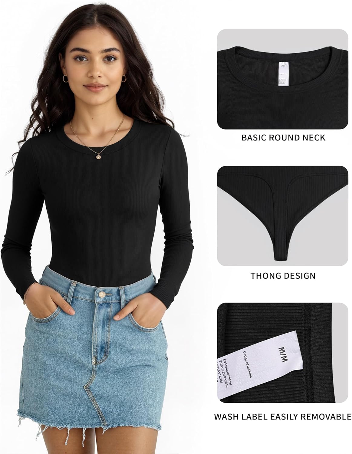 Womens Long Sleeve Crew Neck Body Suits Fall Ribbed Knit Thong Bodysuits Shirts Basic Tops 2025 - Image 4