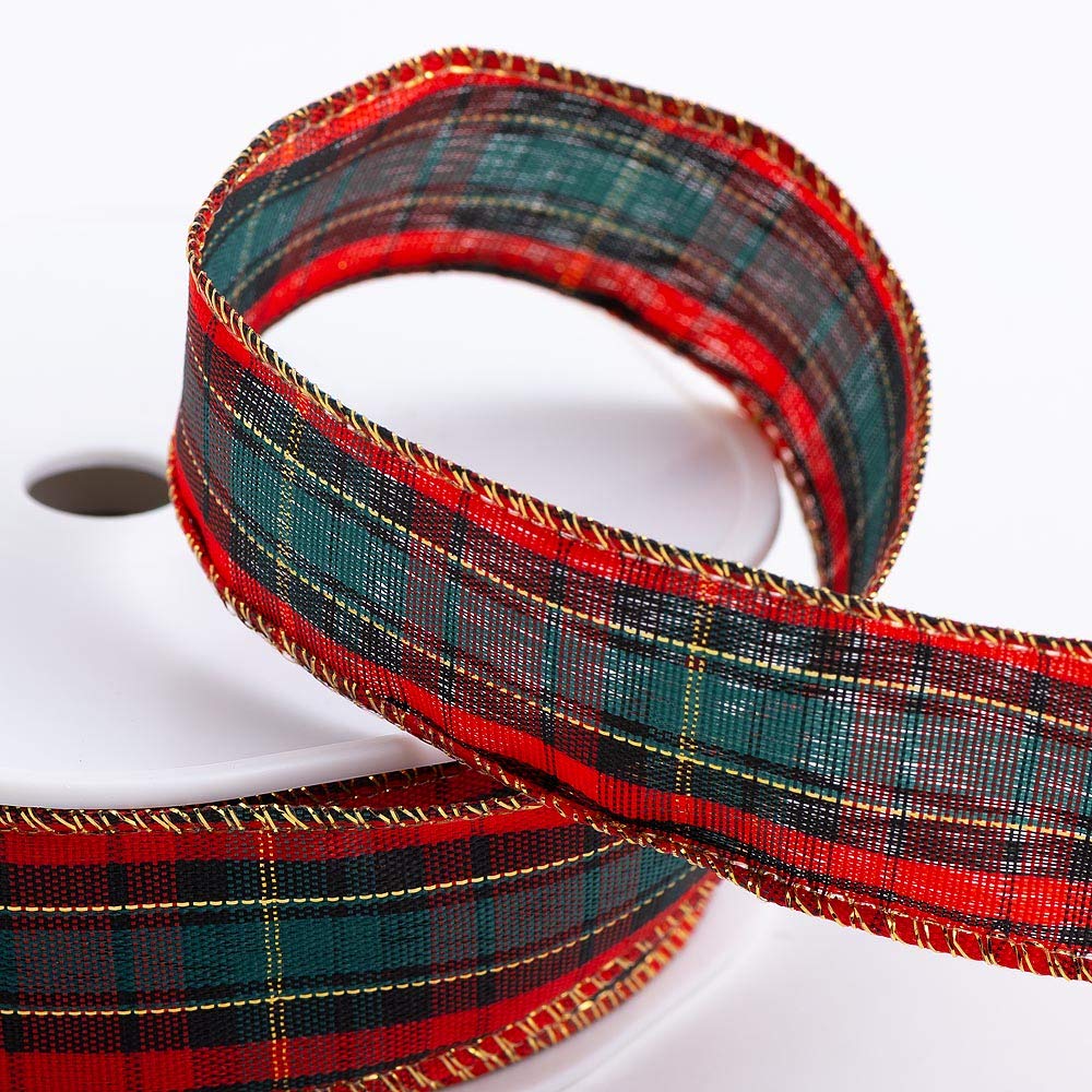 Christmas Tartan Ribbon 38mm x 15m Wired Edge