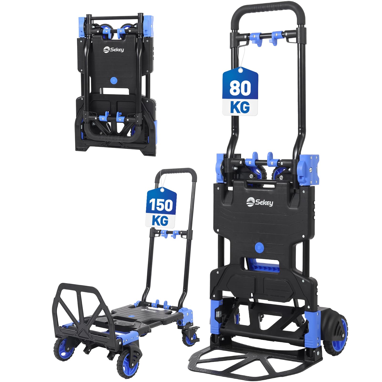 Sekey - Folding sack trolley and transport trolley 2 in 1, aluminium platform trolley with load capacity up to 150 kg, transport trolley with double bearing wheels