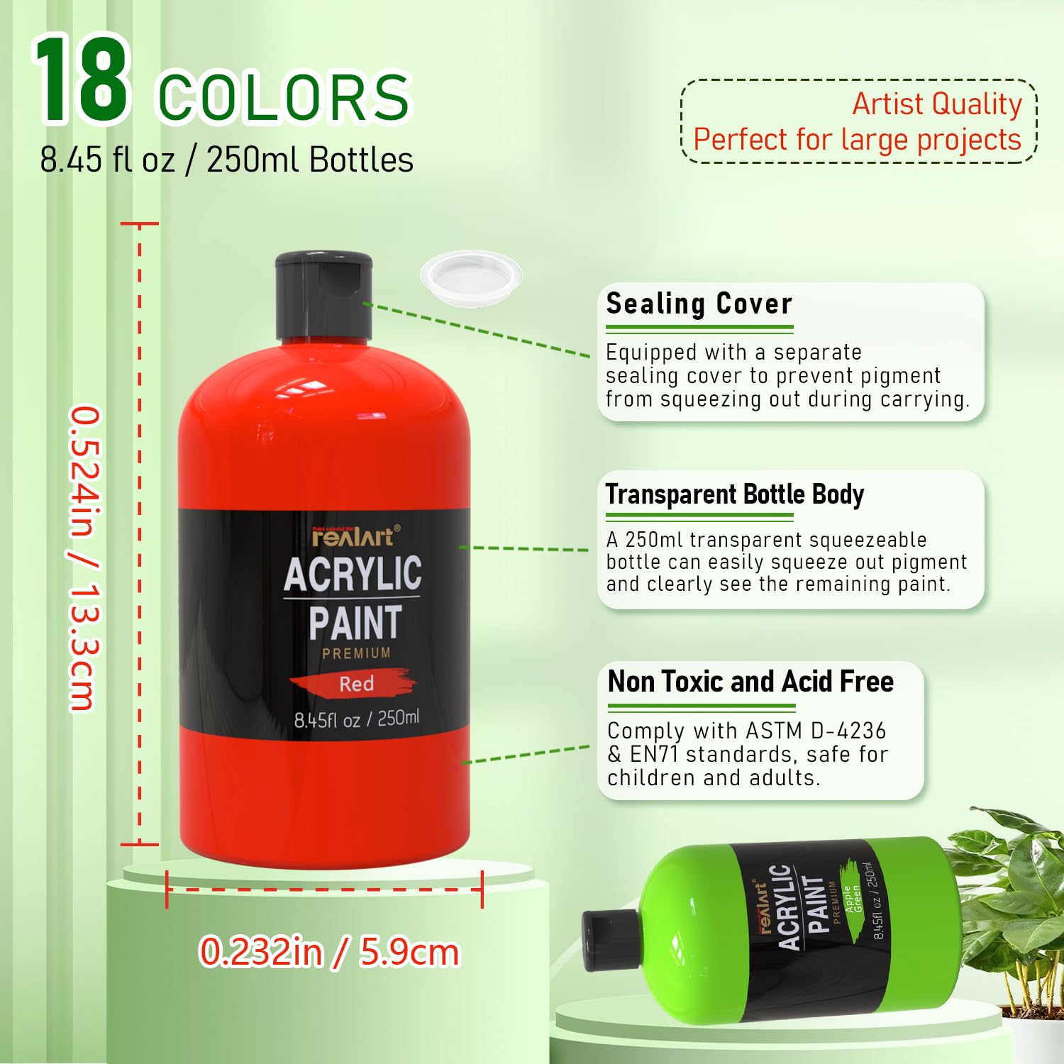 REALART Juego de pintura acrílica grande de 18 colores (250 ml)