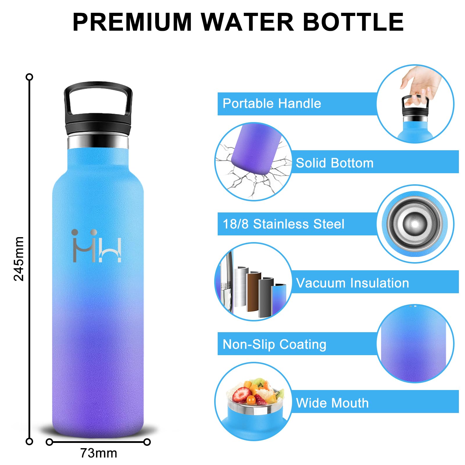 Borraccia, Borraccia Termica 500 ml, Senza BPA, Borraccie con Cannuccia, Senza Perdite, Borraccie Acciaio Inox, Doble Aislamiento, Borracce Metallo per Ufficio, Campeggio, Caffè, Viaggio, Scuole
