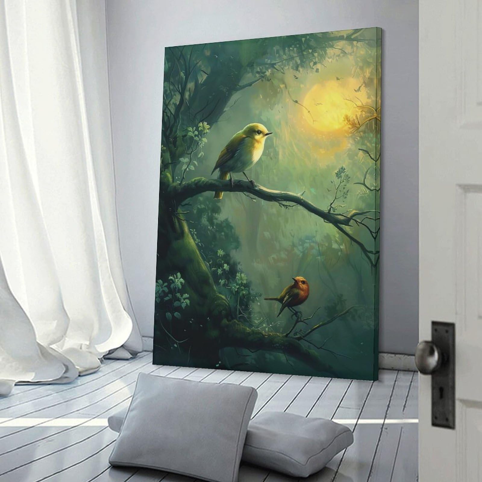 Junmoney Frame-Style-11 Hanging Wall Art Birds In A Misty Forest, 12X18inch(30X45cm), For Gallery Wall Layouts In Home Or Office, An Easy Match For Collected Prints