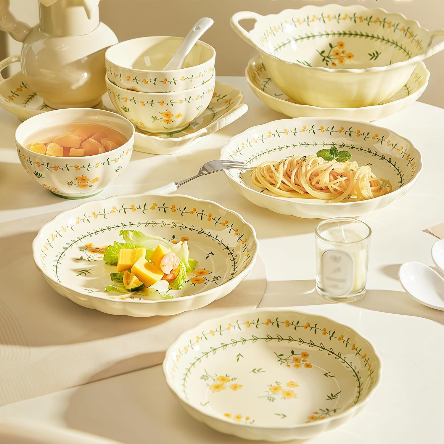 Porcelanowy zestaw zastawy stołowej dla 2 osób, talerze kamionkowe, miski garnek do zupy, łyżki, pałeczki, elegancka jadalnia, 13 sztuk