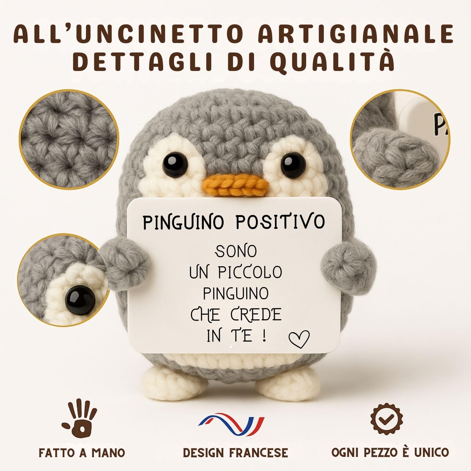 Pinguino Positivo© | Regalo Originale e Divertente | Idea Simpatica | Festa Bambini Ragazzi | Compleanno Bimba Bimbo| Decorazione Cameretta| Amigurumi Casa | Bambola Umoristica | Peluche Motivazionale