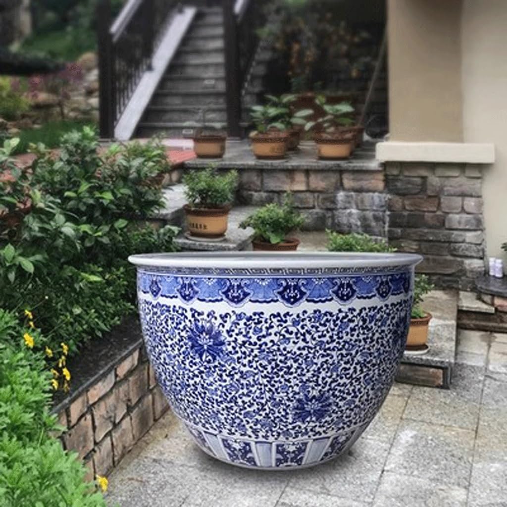 NEBE Pecera Pecera de pie for Patio, pecera de cerámica Azul y Blanca, Sala de Estar, Tanque de Tortuga, Maceta de Loto de Lirio de Agua al Aire Libre Pecera Simple De Lujo Ligera (Size : M)