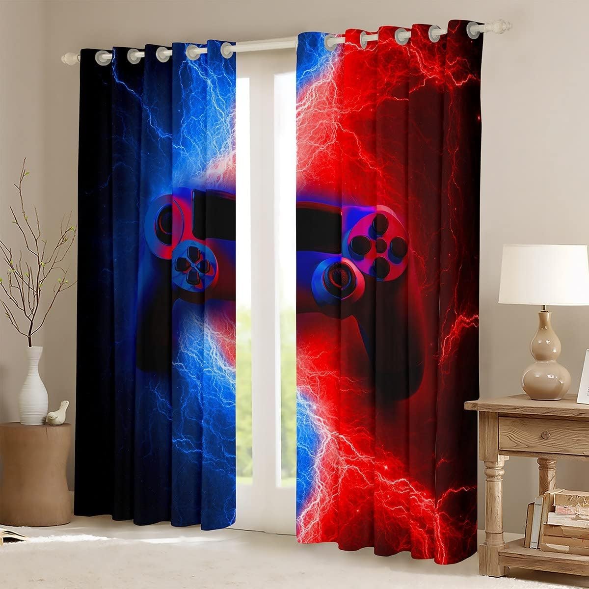 Homewish Kids Teen Boys Gamer Gaming Curtains for Bedroom Lightnings Gamepad Window Curtain Modern Video Games Blackout Curtains for Living Room Curtains & Drapes Home Decor (2 Panels) 66" Wx90 L - Image 2