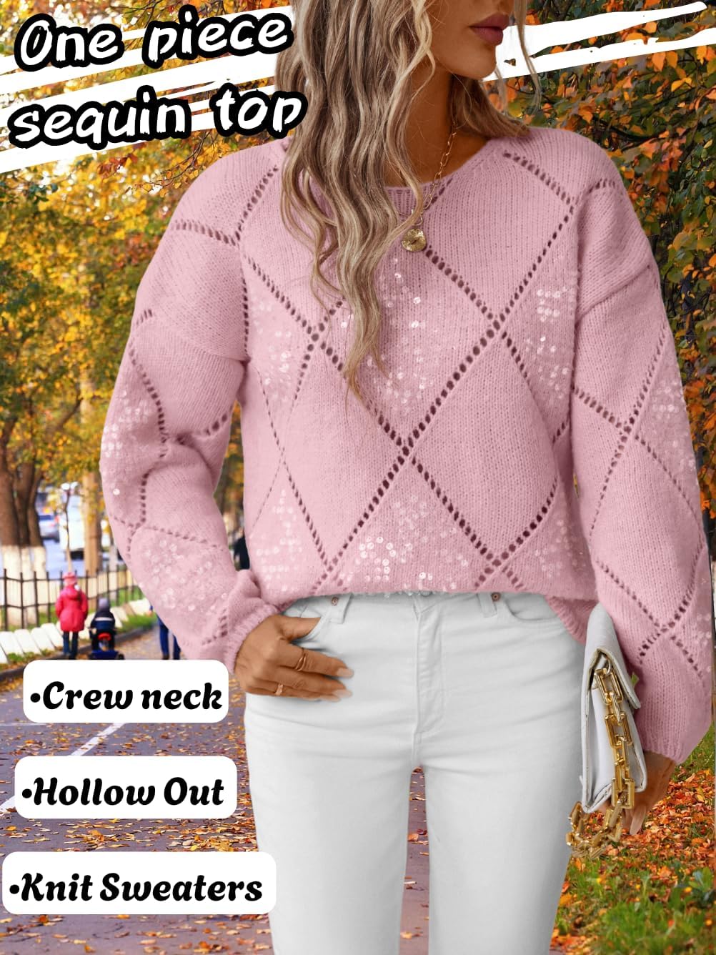 Women's Sequin Sweater, Long Sleeve Argyle Hollow Out, Crewneck Sparkly Pullover, Loose Casual Lightweight Knit Top - Image 2