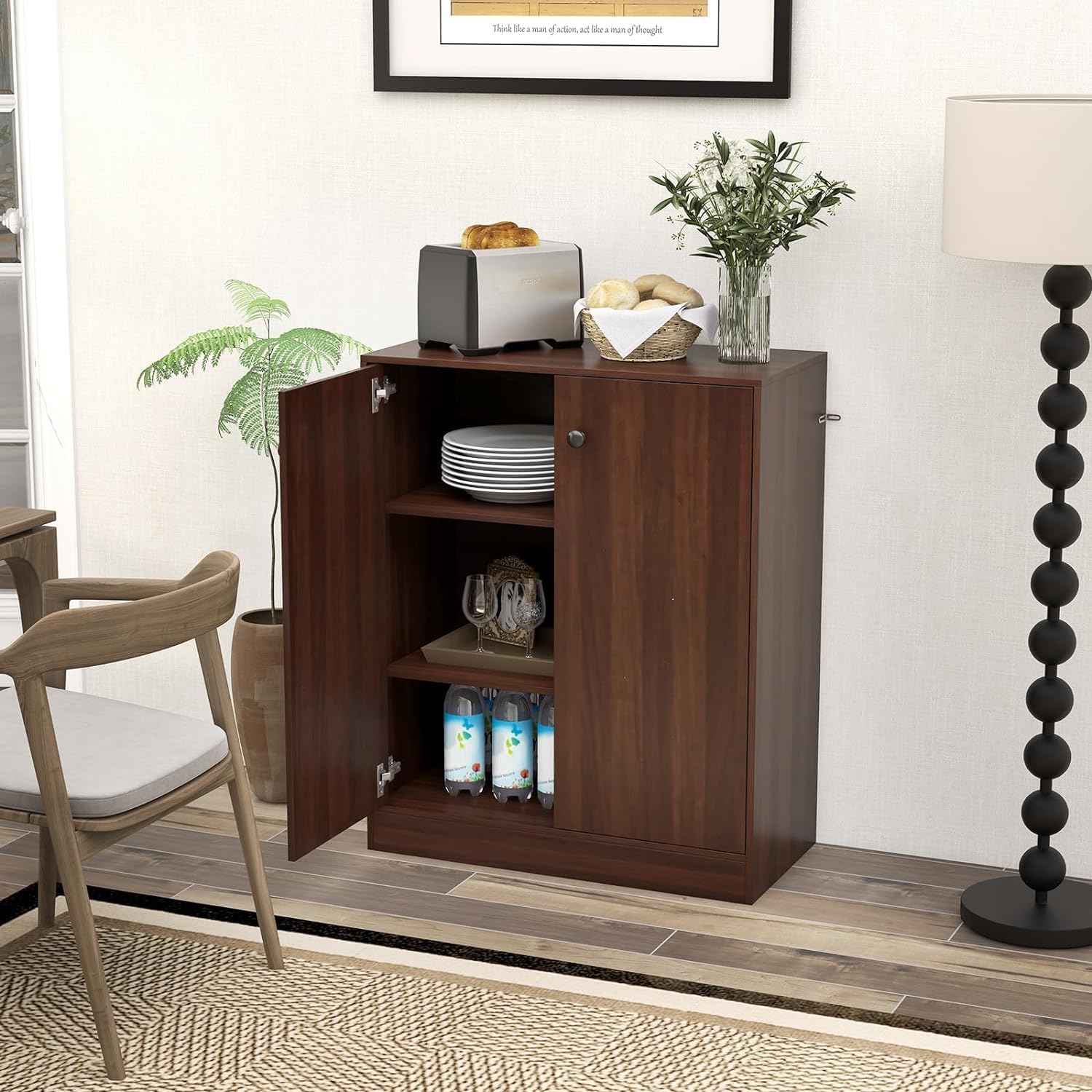 GOFLAME Floor Storage Cabinet with 2 Doors, Freestanding Storage Cabinet with 3-Tier Storage Shelf, Modern Buffet Cabinet for Living Room Dining Room Kitchen Entryway (Brown)