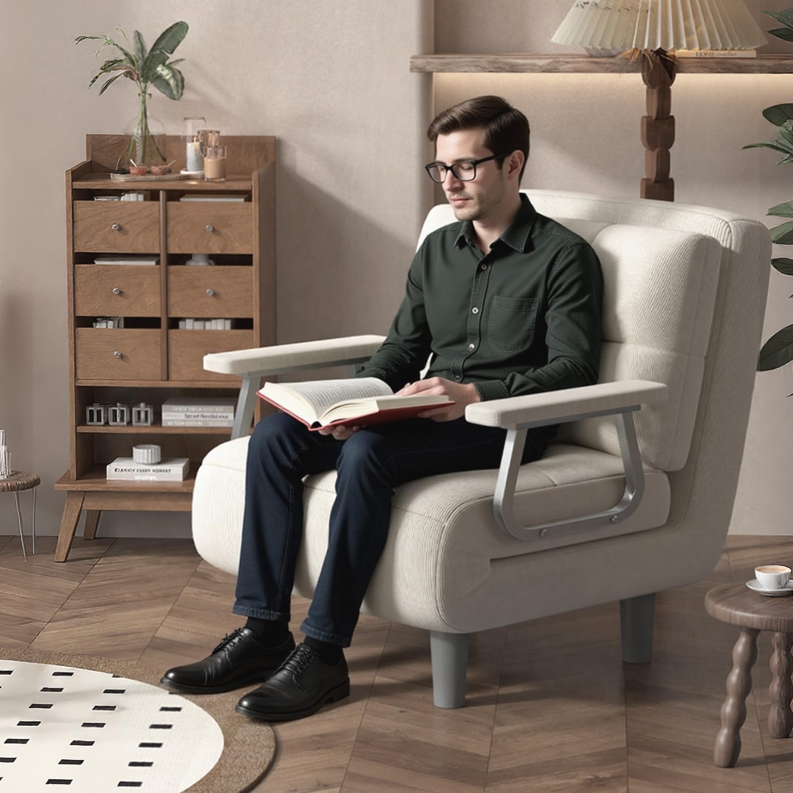 Fabulcozy - Calentador de Sofá Cama, Sillón Convertible de 1 Plaza, Gran Comodidad Desmontable con Cojín, Apoyabrazos de Metal y Patas (Blanco Roto)