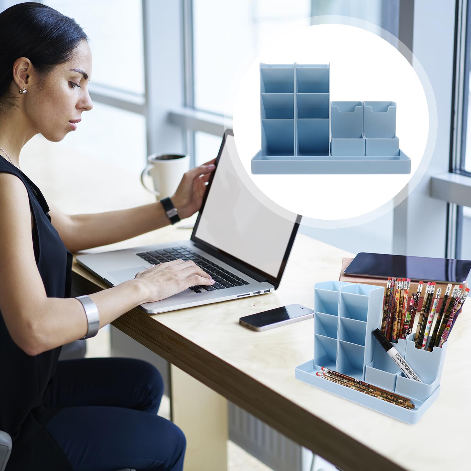 Portalápices y de Abs Vertical Azul Compartimentos Variados Organizador de Bolígrafos y Papelería Espacio de Trabajo Elegante y Funcional para Oficina, Escuela
