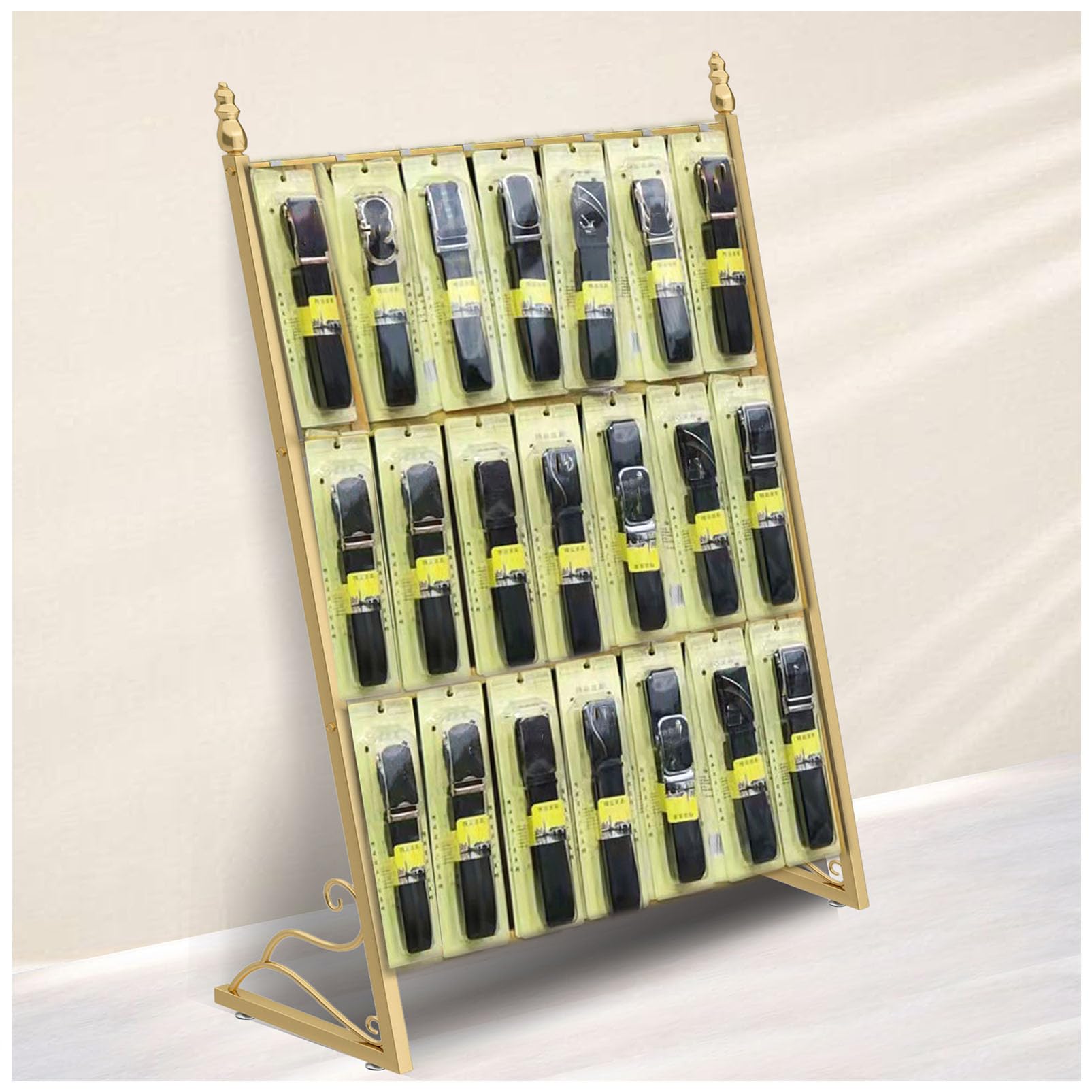YNBSHGAA Retail Display Stand Belt Organizer Rack, Hats Jewelry Keychain Craft Show Rack, Shawls Purse Shelf Bracelet Earring Stand with Hooks, for Malls/Showroom/Retail Store/Exh,Gold-80×30×130CM