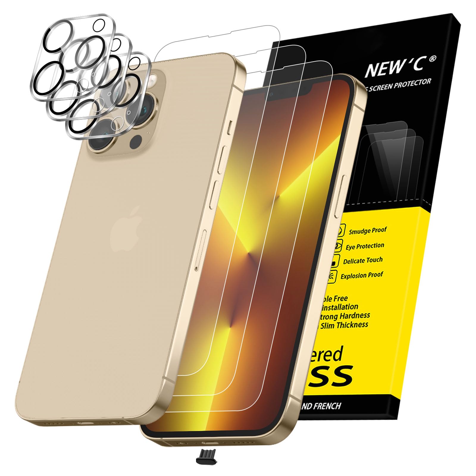 NEW'C 3 x Protector Pantalla para iPhone 13 Pro Max (6,7 Pulgadas) y 3 x Protector de Lente de Cámara - Cristal Templado + Tapón Antipolvo-Ultra Resistente-Sin Burbujas-Dureza 9H Global Recycled Standard Global Recycled Standard Global Recycled Standard