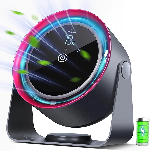 Nezylaf Rechargeable Desk Fan, 5-Speed Quiet Strong Airflow Battery Operated Table Fan with Touchscreen Digital Display. Portable USB Powered Fan for Office, Bedroom, Kitchen, Small Travel Camping