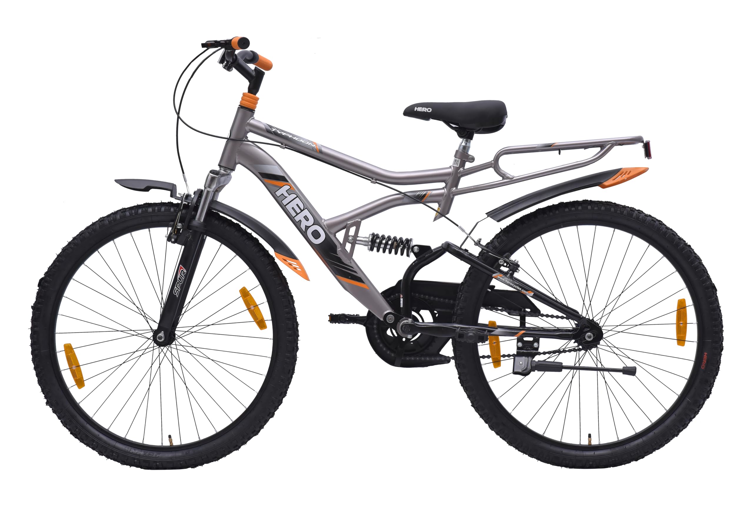 Hero Typhoon 26T Bicycle for Mens | Single Speed | Dual Suspension (Grey)