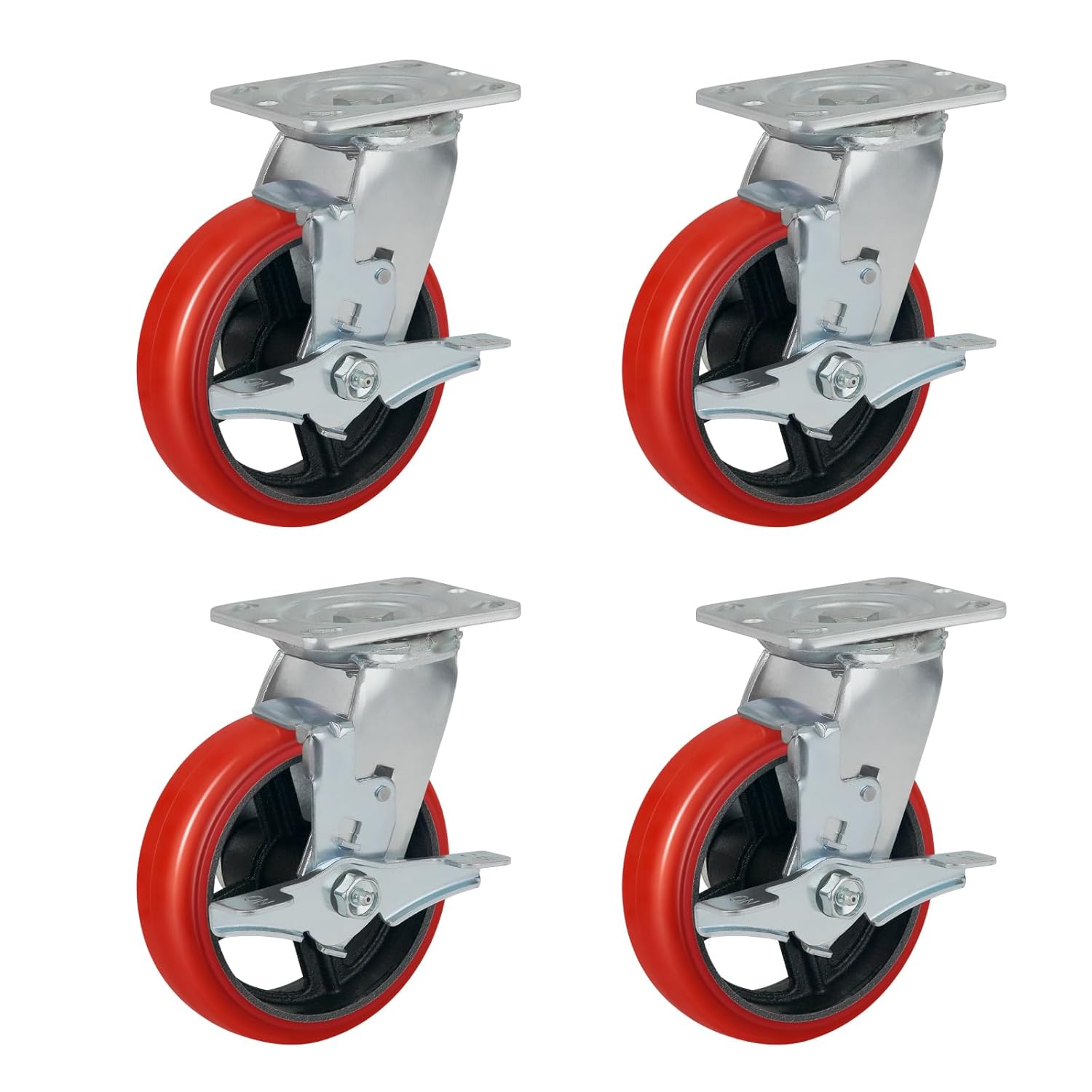 6 Inch industrail Casters Set of 4, Heavy Duty -4800lbs Capacity, Polyurethane tread(Crowned) on Cast lron-Roller Bearing, Top Plate 4 x 4.5, Widely Used in Platform Trucks（4 Pack Brake）