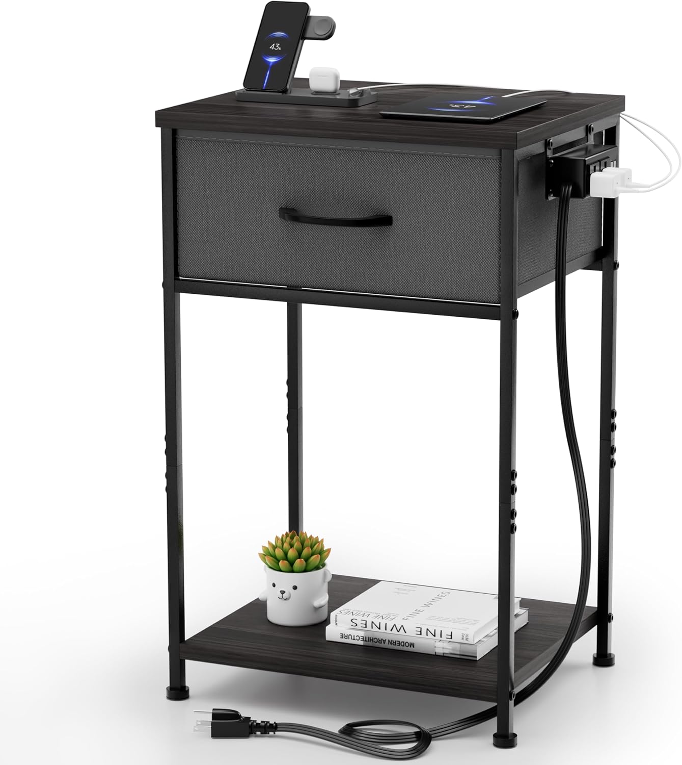 Whitmor Nightstand with Charging Station, Bedside Table with Fabric Drawer & Storage Shelf, Side End Table with USB Ports & Outlets, Bed Charging Nightstand for Bedroom, Living Room, Office, Black