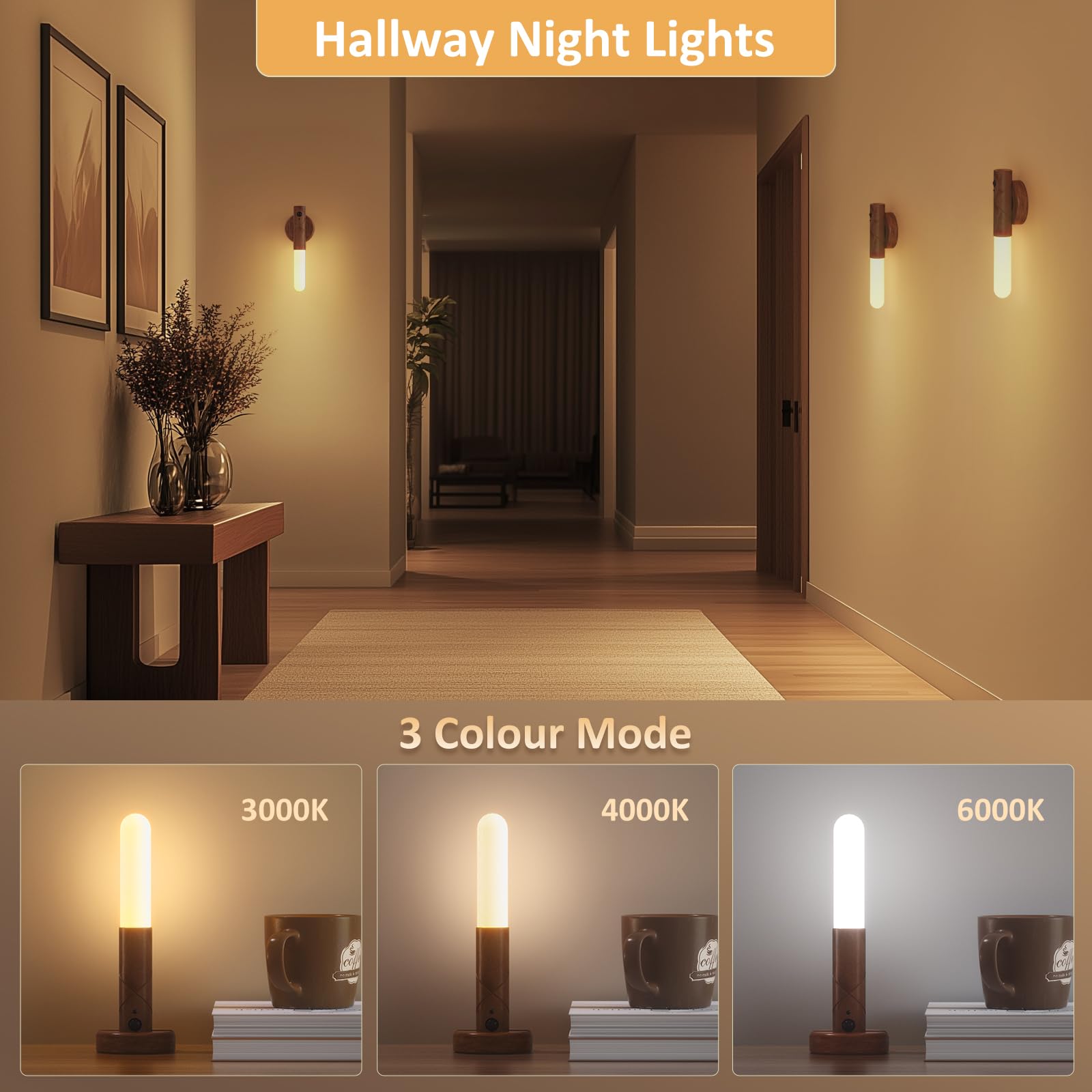 Luci con sensore di movimento per interni, dimmerabili, luce notturna con 3 modalità, ricaricabile tramite USB, portatile, con batteria magnetica, luci da parete per camera da letto, bagno, corridoio