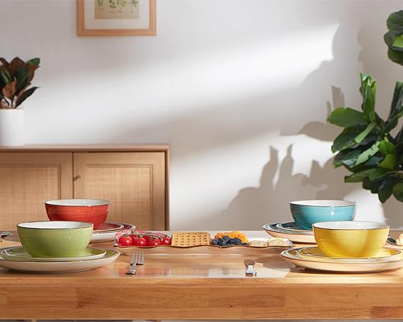 ONEMORE Plates and Bowls Set 12 Pcs,Stoneware Dinnerware Sets for 4 Microwavable,Oven & Dishwasher Safe Porcelain,Scratch Resistant Dishes Set
