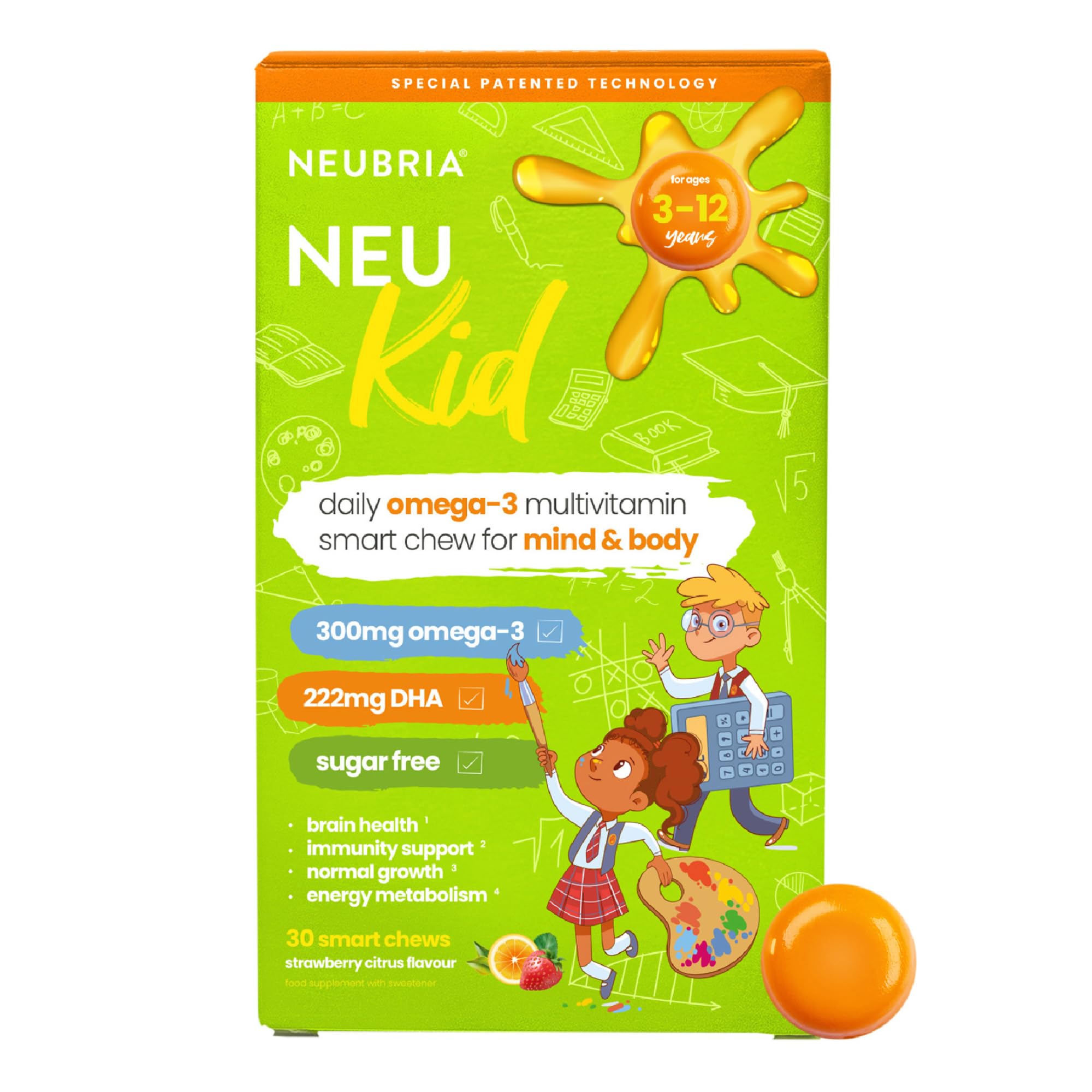 NEUBRIA NEU Kid Multivitamins & Omega 3 - Kids Vitamins D, C, A, E, B Complex & Fish Oil Gummy Like Soft Chews - Sugar-Free with EPA & DHA for Children 1+ | Strawberry Citrus Flavour (30 Servings)
