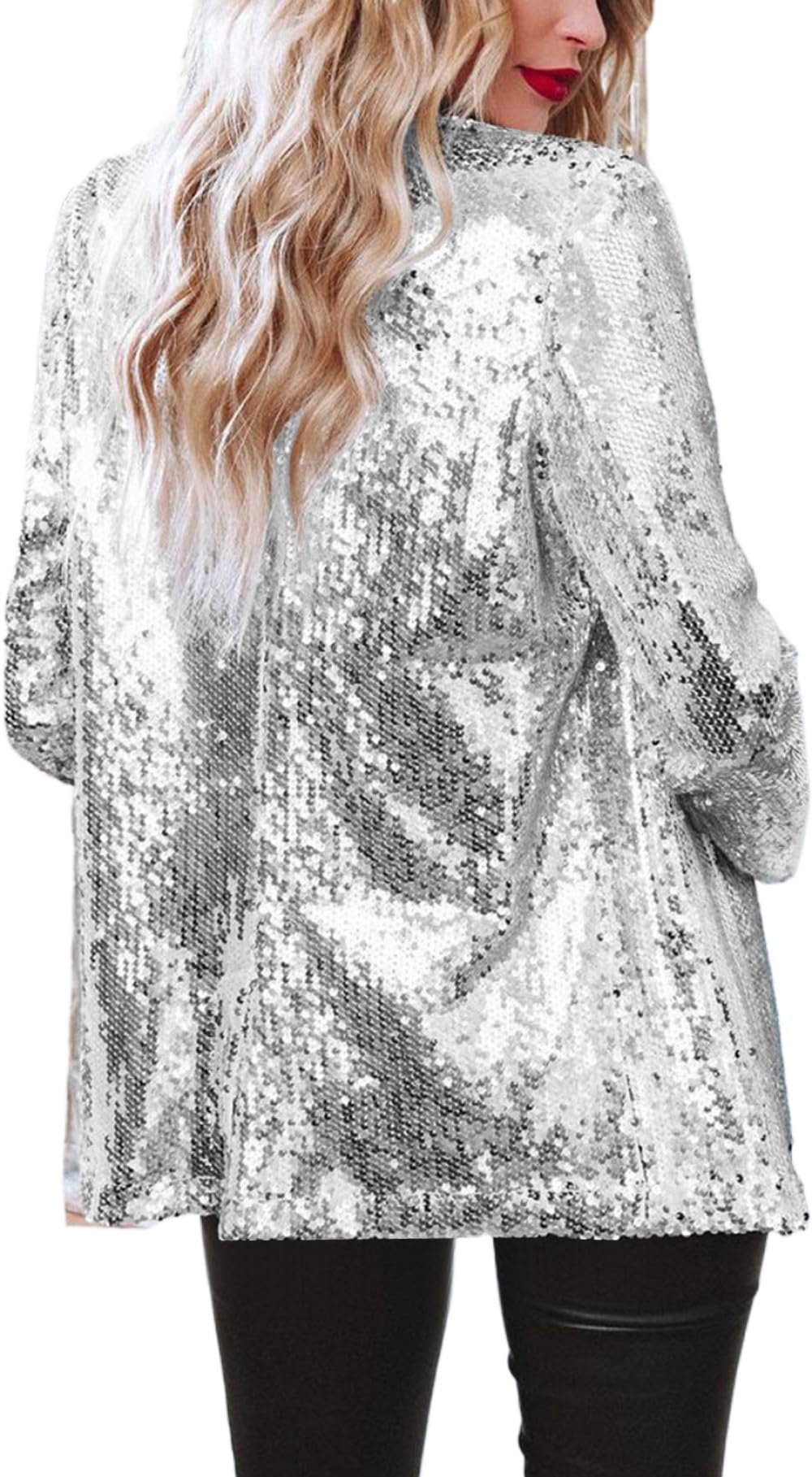 Womens Shiny Sequin Long Sleeve Blazer Coat Open Front Outerwear Cardigan Jacket