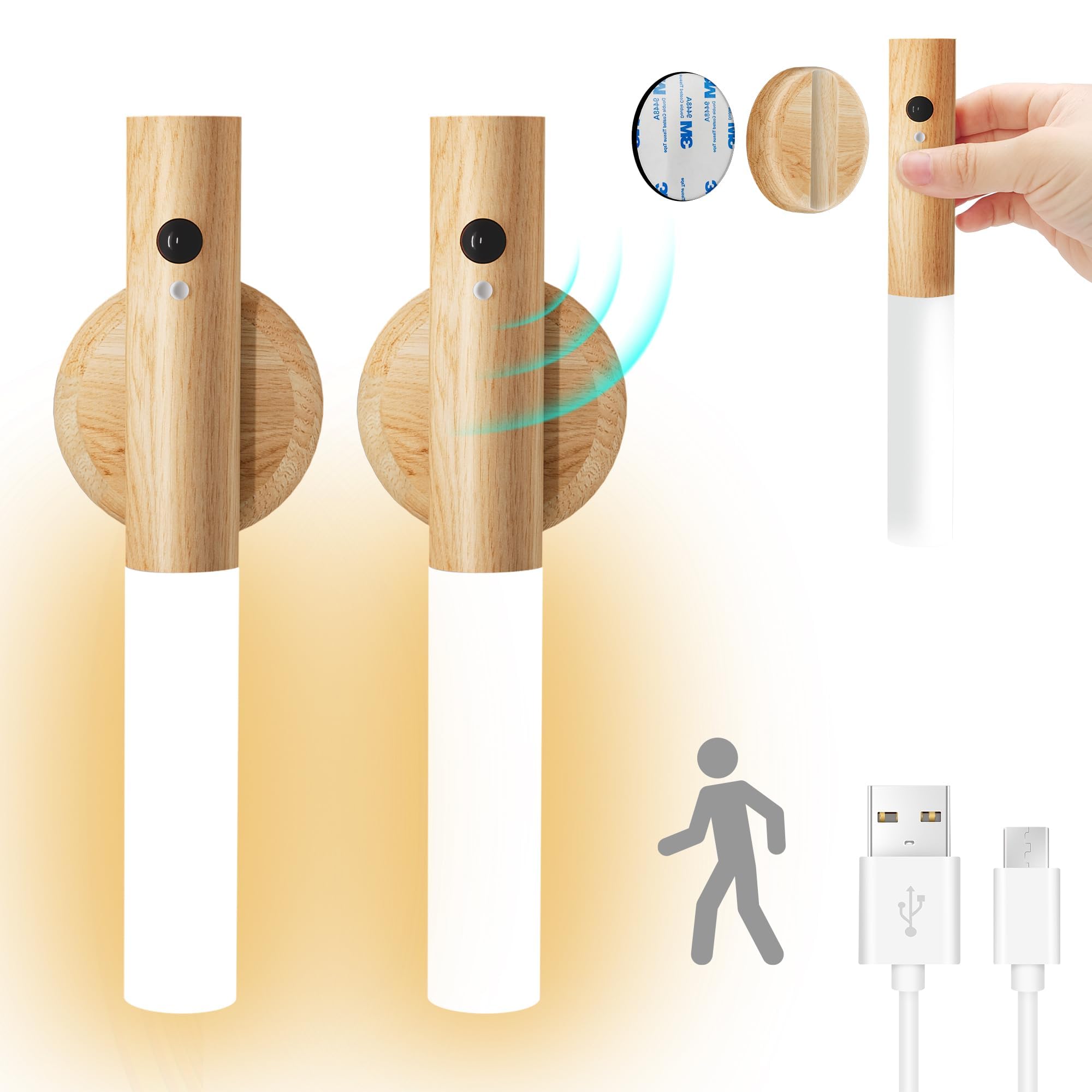 HELLYMOON Lámpara de pared de madera con detector de movimiento interior, recargable por USB, lámpara de pared interior, luz blanca cálida, inalámbrica, (2Pack)