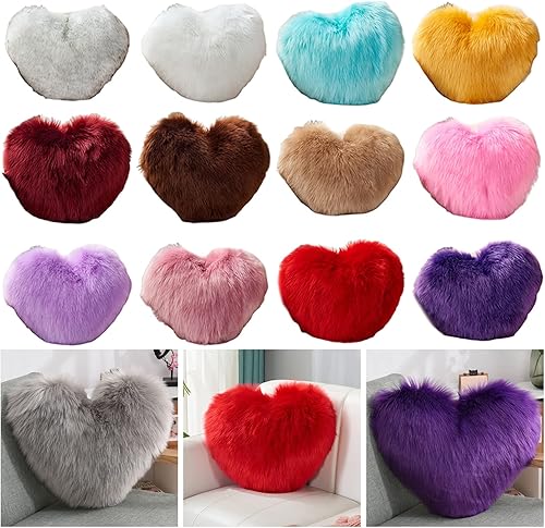 Miniatura 4 de Walbest Almohadas de corazón mullidas y peludas de piel sintética con forma de corazón, almohada decorativa de felpa lumbar para sofá, cama,