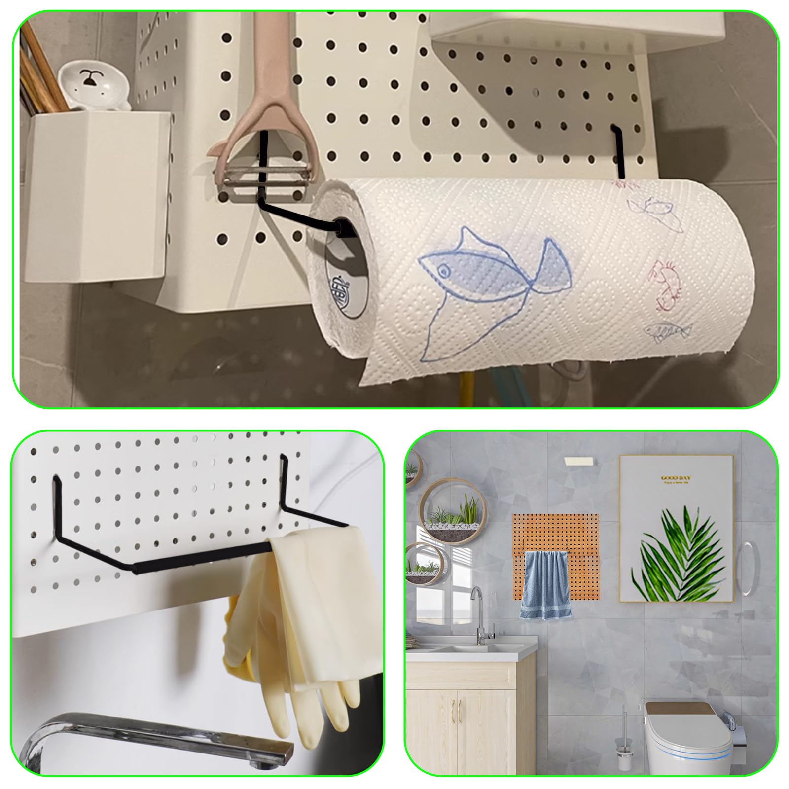 AccEncyc Paquete de 4 ganchos para toallas de papel, toallas de cocina, calcomanías, cintas, gran organizador de tablero de clavijas, accesorios para taller, garaje, cocina