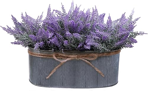 Winlyn Arreglo floral de lavanda artificial en maceta rústica ovalada de metal galvanizado, plantas en maceta de lavanda sintética para casa de