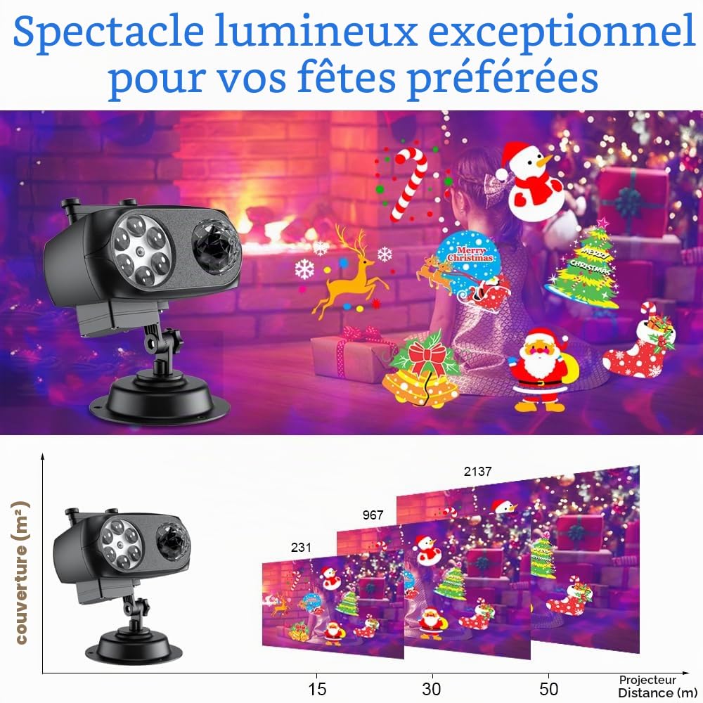 OBEST Projecteur LED de Noël, 2 en 1 Étanche Halloween Lampe de Projection pour l'extérieur et l'intérieur, Flocons Neige Lampe Projection avec 10 Foil 80 Motifs 10 Effets d'onde pour Noël, Toussaint