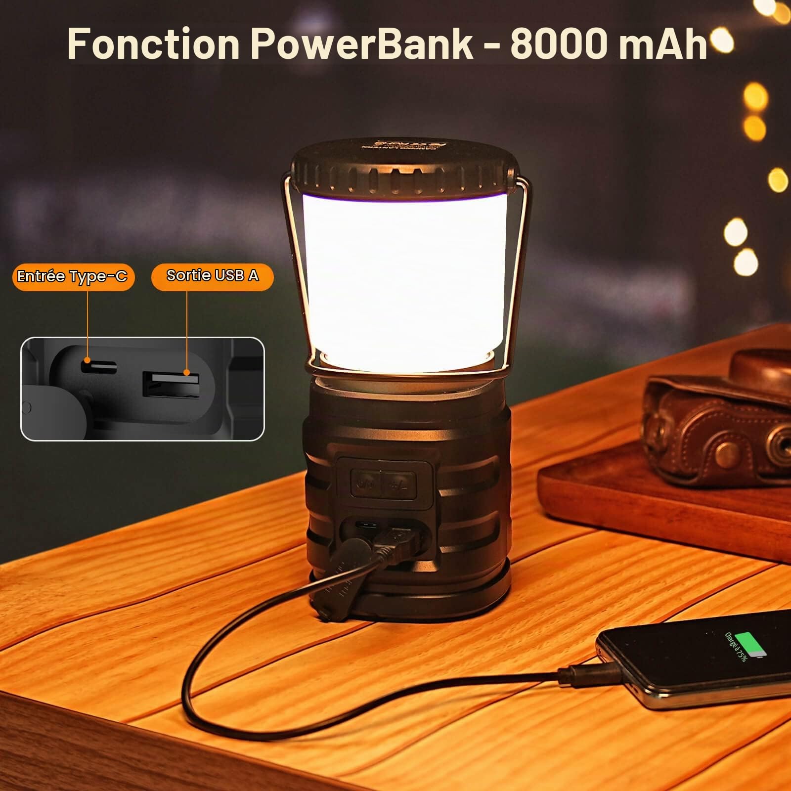 Tavaler Lanterne de camping 8000 mAh Batterie USB C Rechargeable Lampe de camping avec indicateur de batterie LED Écran Lumière de camping IP65 Étanche Lampe de camping pour randonnée extérieur