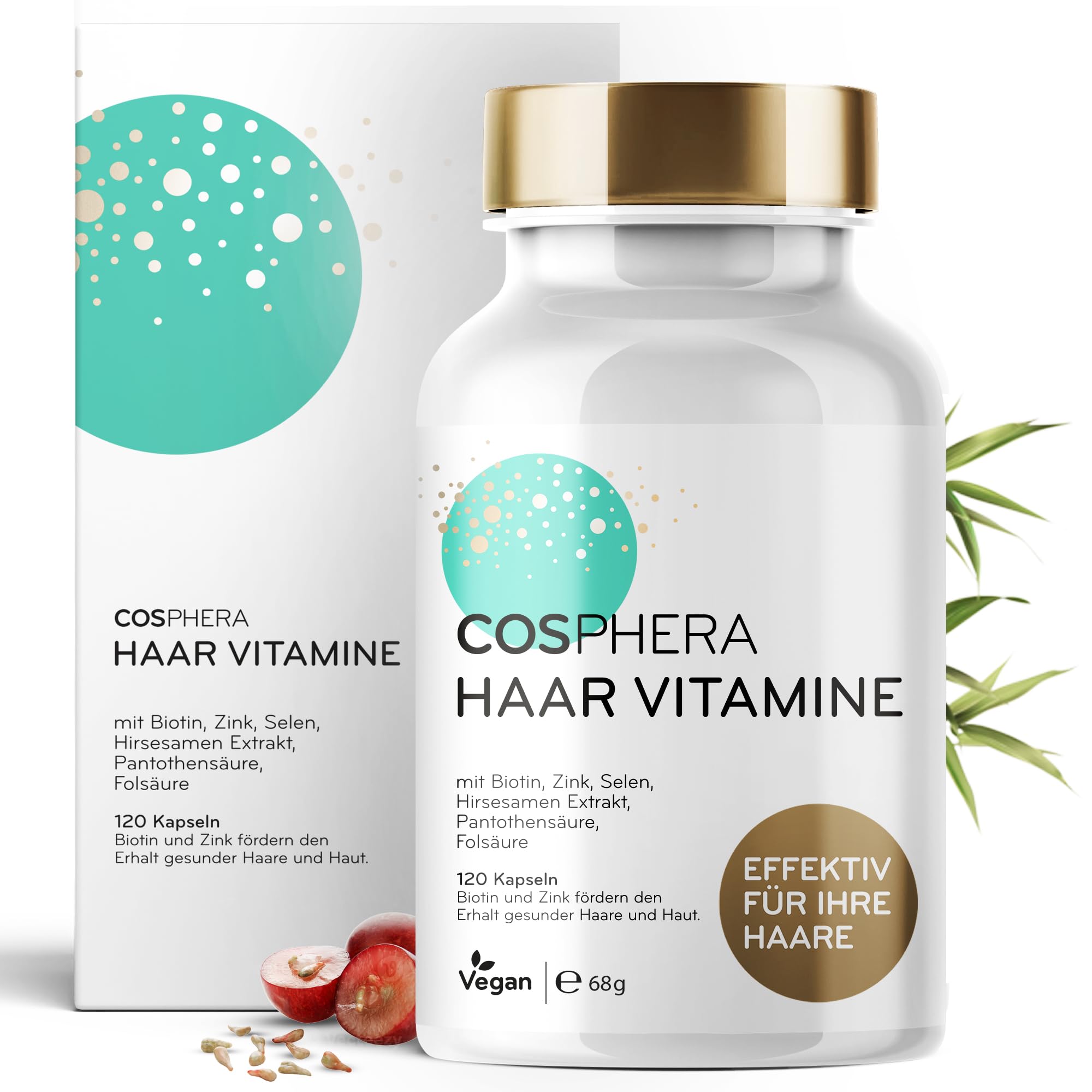 Cosphera Haar-Vitamine - Hochdosiert mit Biotin, Selen und Zink als Beitrag zum Erhalt normaler Haare. Plus Folsäure & Hirse Samen Extrakt (reich an Silizium) - 120 vegane Kapseln im 2 Monatsvorrat.