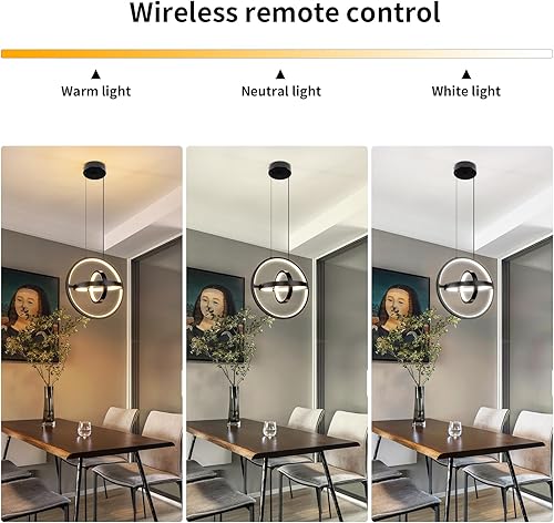 Miniatura 5 de Candelabro LED moderno creativo personalizado de 3 anillos para isla de cocina, lámpara colgante para sala de estar, comedor (negro) regulable con