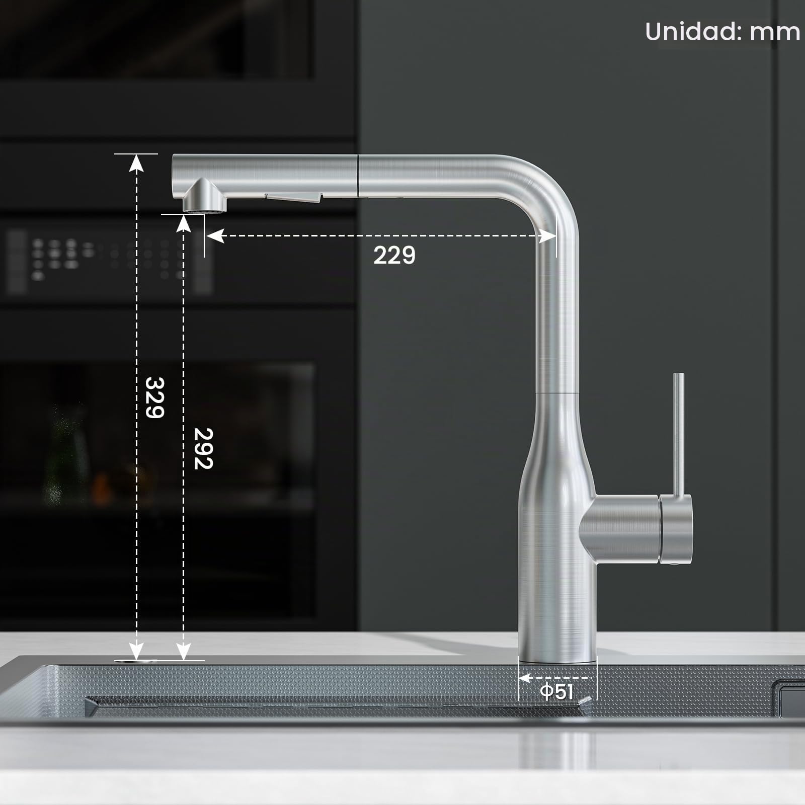 CECIPA Grifo de cocina extraíble, grifo de cocina de alta presión en acero inoxidable, giratorio 360°, robusto y sin fugas, instalación fácil, grifo mezclador con ducha extraíble para fregadero