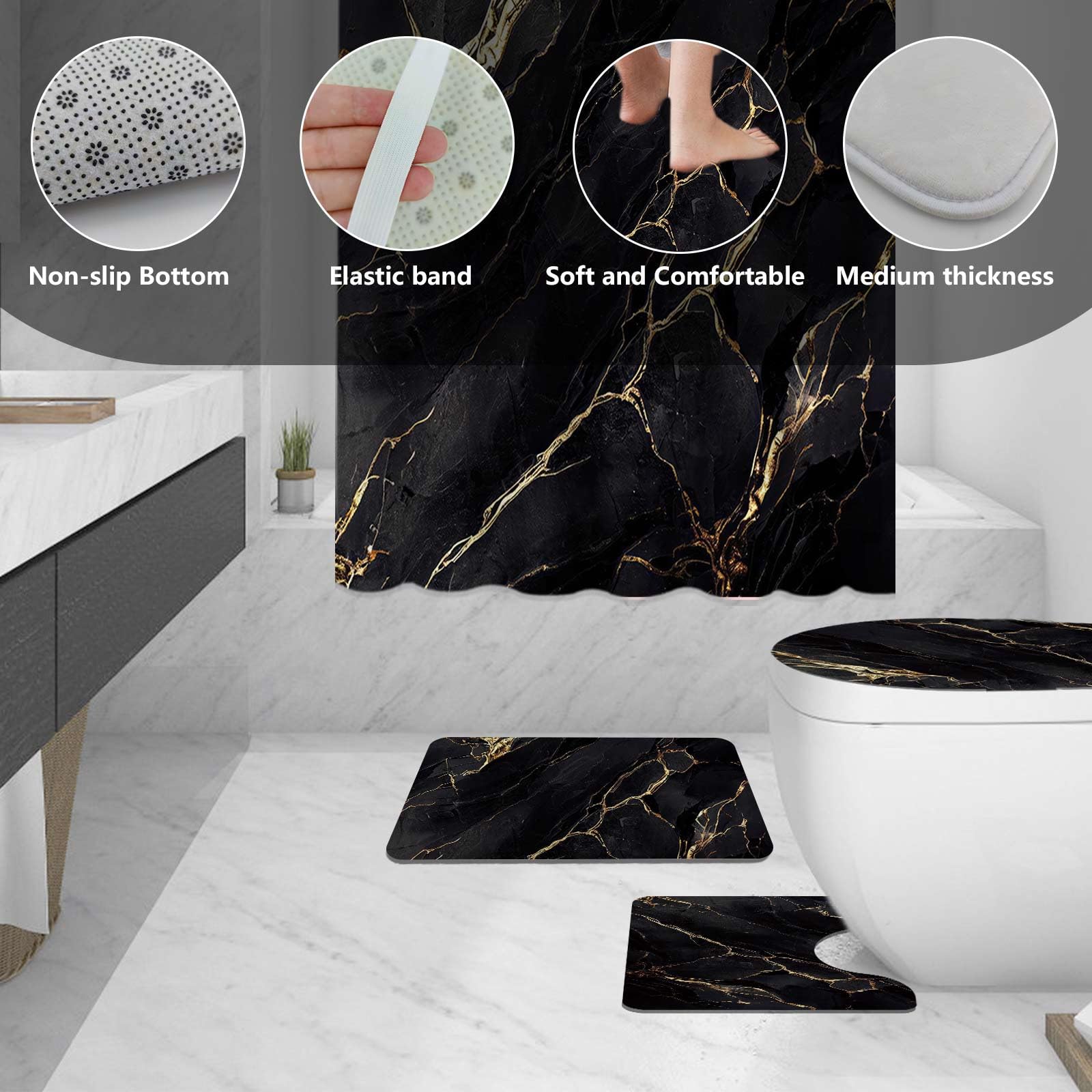 AIBIIN Lot de 4 rideaux de douche en marbre noir abstrait avec tapis antidérapants, housse moderne pour abattant de toilette et tapis de bain, rideau de bain pour décoration de salle de bain (crochets
