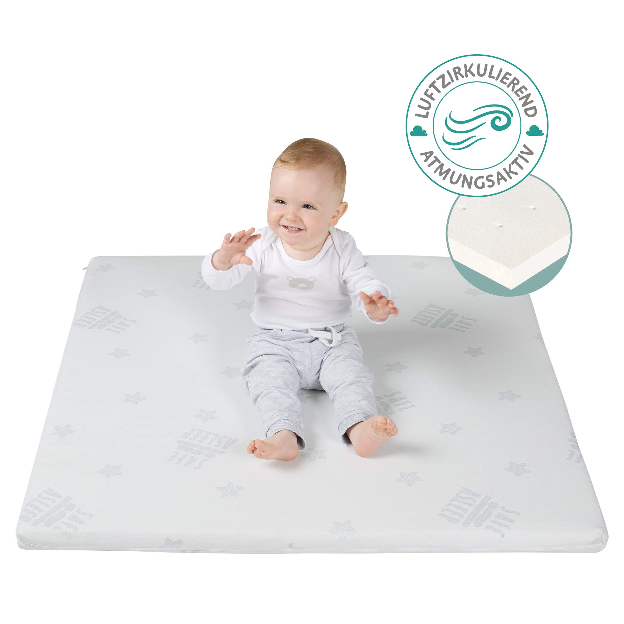roba Materasso per Box safe asleep Air, Rettangolare, 75 x 100 cm, Rivestimento in Jacquard, Imbottito, Sfoderabile e Lavabile, con Zip, Bianco