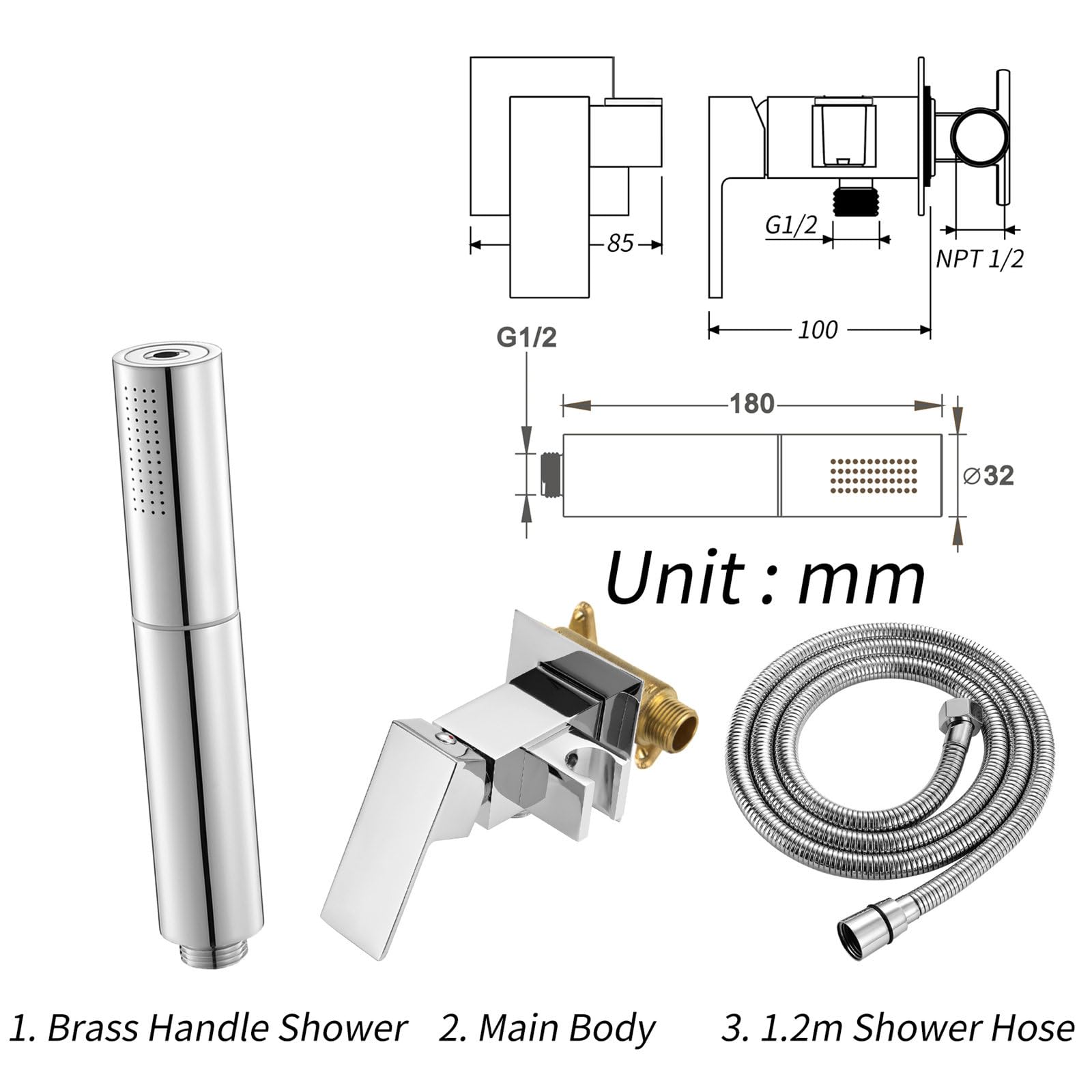 Billg Cabezal de Ducha de Mano Ahorro de Agua de Alta Presión, 2 Modos de Pulverización, Alcachofa de Ducha con Soporte de Ducha y 1,2M Manguera, Duchas de Baño Alcachofa, Ajuste Universal, Latón
